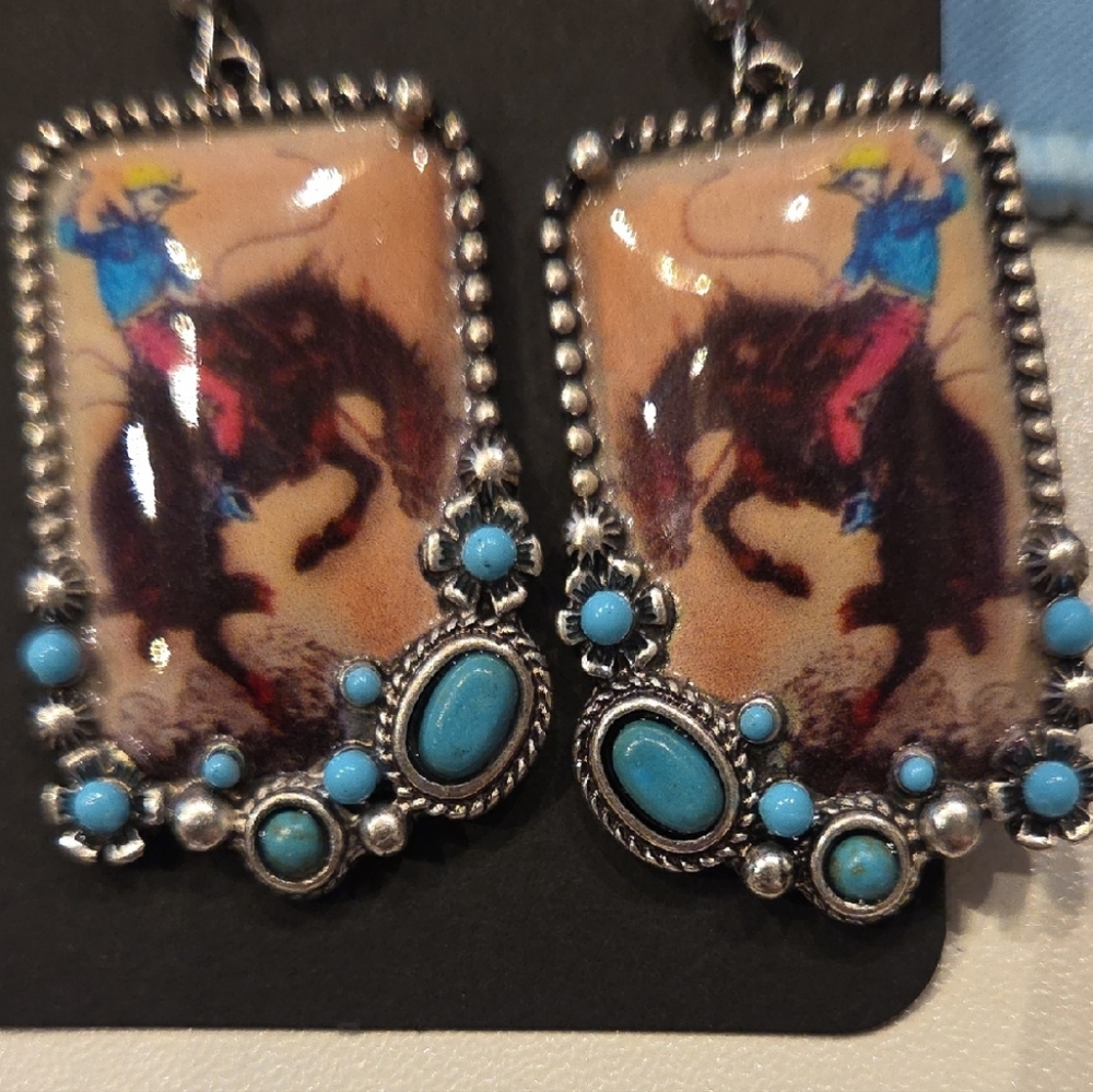 Cowboy Themed Silver and Turquoise Earrings